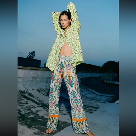 ZARA Boho Printed Flared Wide Leg High Waisted Trousers Pants NWT RRP$109 - Picture 2 of 16
